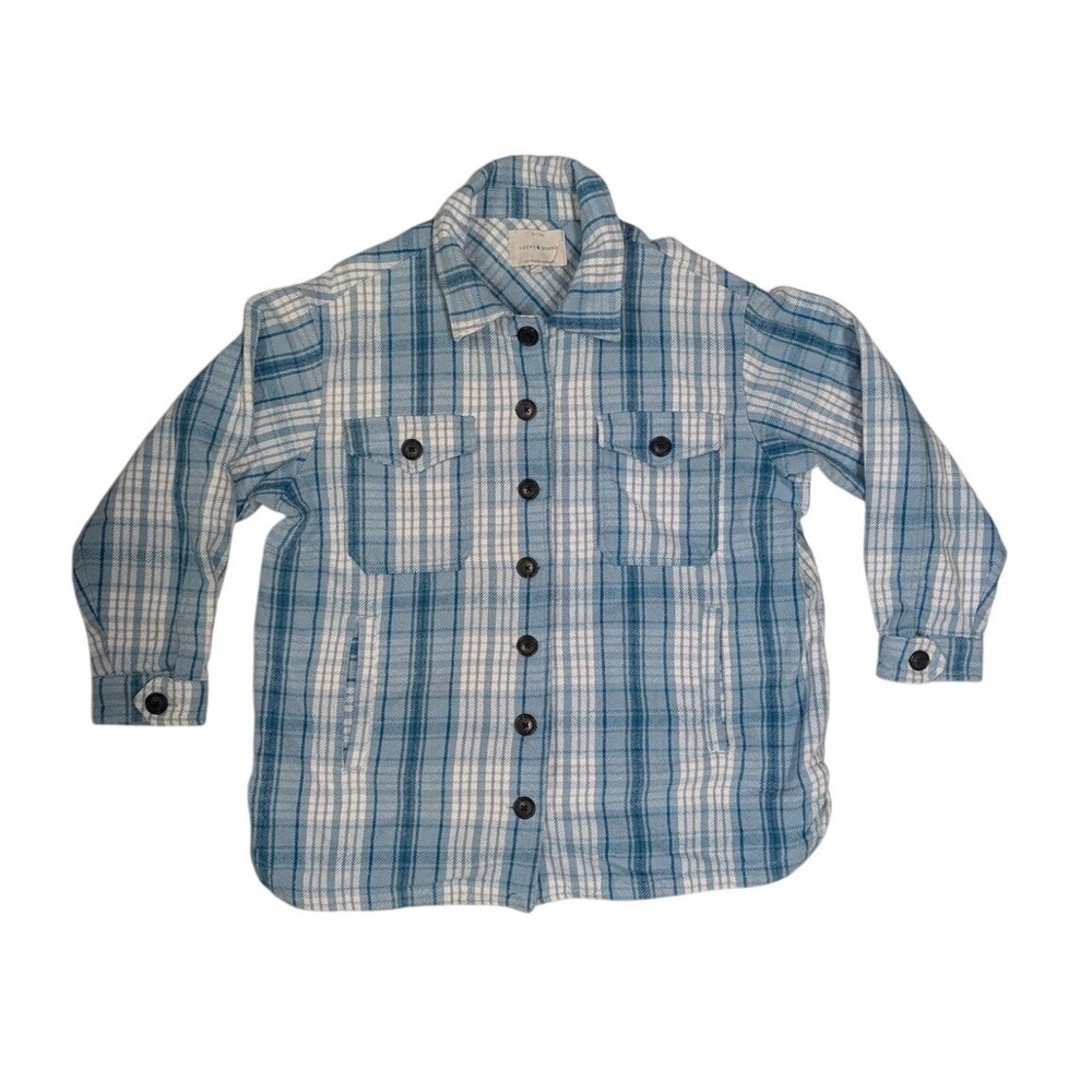 Lucky Brand Flannel Shirt Jacket Blue Plaid Button Down L Western Roomy Layering